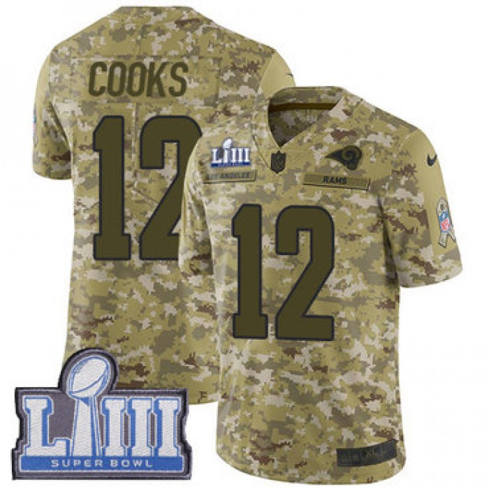 #12 Limited Brandin Cooks Camo Nike NFL Youth Jersey Los Angeles Rams 2018 Salute to Service Super Bowl LIII Bound