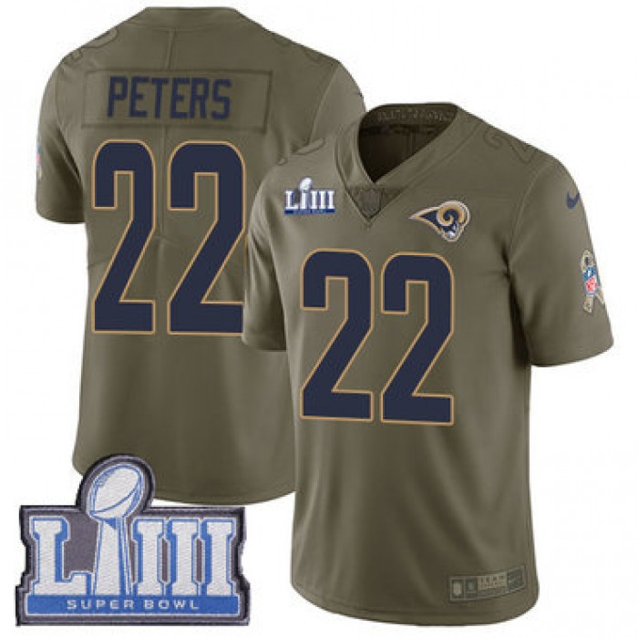 #22 Limited Marcus Peters Olive Nike NFL Youth Jersey Los Angeles Rams 2017 Salute to Service Super Bowl LIII Bound
