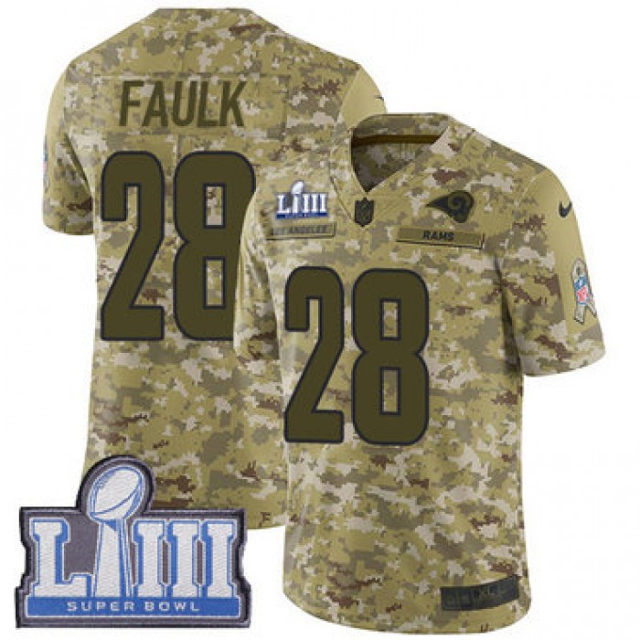 #28 Limited Marshall Faulk Camo Nike NFL Youth Jersey Los Angeles Rams 2018 Salute to Service Super Bowl LIII Bound