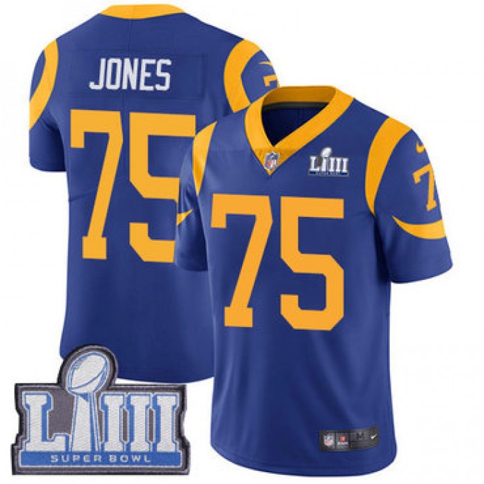 #75 Limited Deacon Jones Royal Blue Nike NFL Alternate Men's Jersey Los Angeles Rams Vapor Untouchable Super Bowl LIII Bound