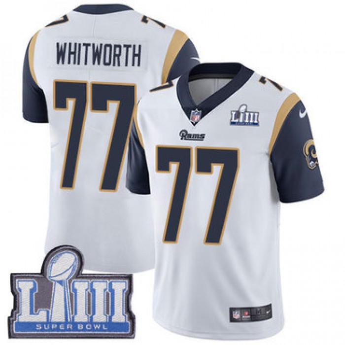 #77 Limited Andrew Whitworth White Nike NFL Road Men's Jersey Los Angeles Rams Vapor Untouchable Super Bowl LIII Bound