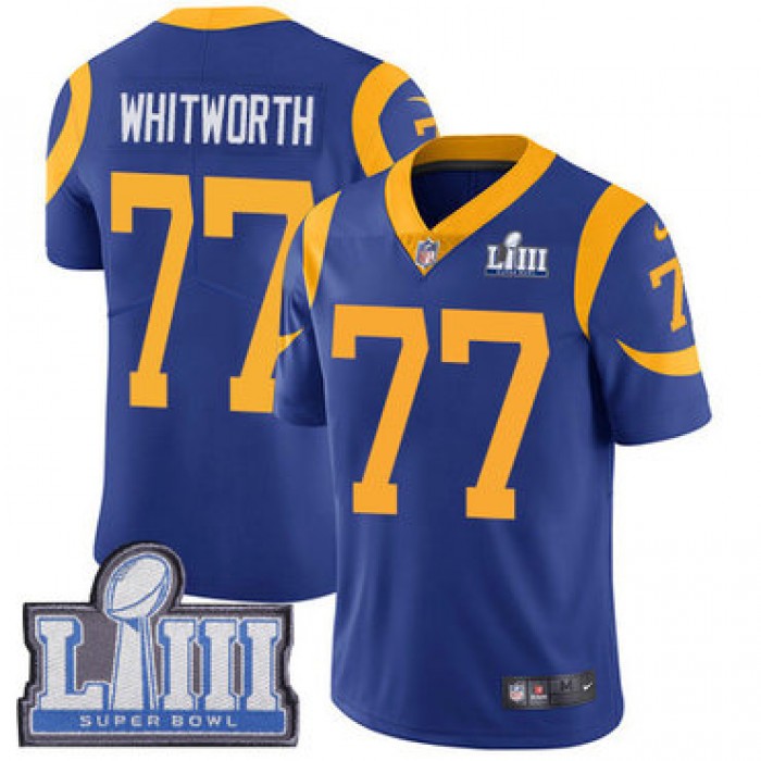 #77 Limited Andrew Whitworth Royal Blue Nike NFL Alternate Men's Jersey Los Angeles Rams Vapor Untouchable Super Bowl LIII Bound