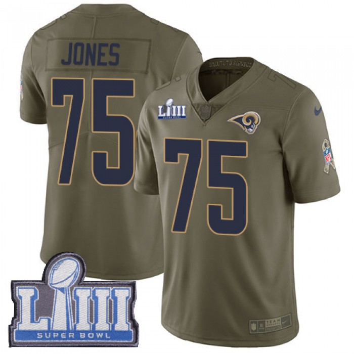 #75 Limited Deacon Jones Olive Nike NFL Men's Jersey Los Angeles Rams 2017 Salute to Service Super Bowl LIII Bound