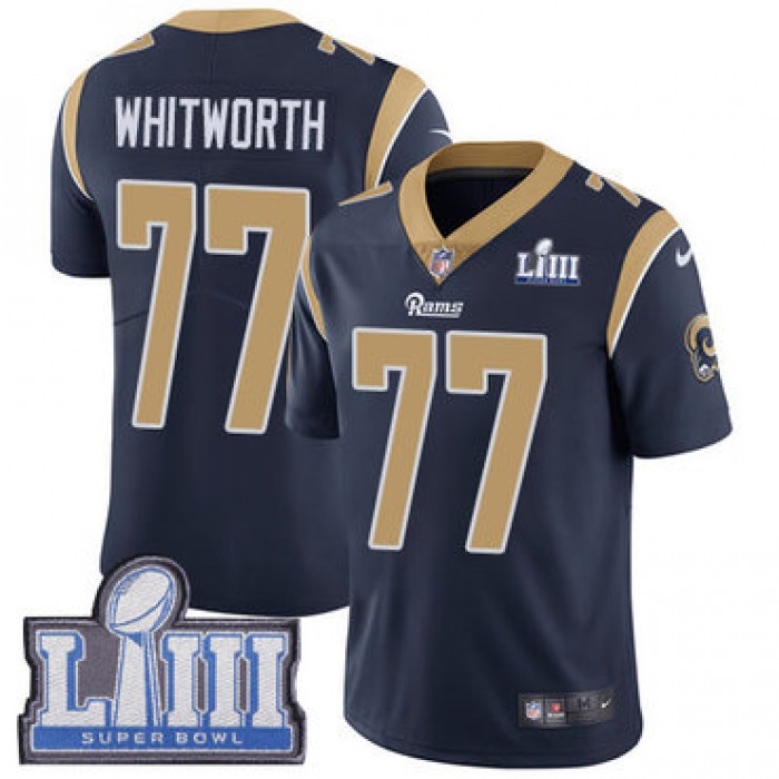 #77 Limited Andrew Whitworth Navy Blue Nike NFL Home Men's Jersey Los Angeles Rams Vapor Untouchable Super Bowl LIII Bound