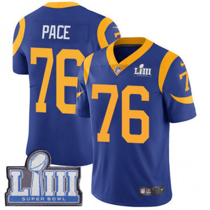 #76 Limited Orlando Pace Royal Blue Nike NFL Alternate Men's Jersey Los Angeles Rams Vapor Untouchable Super Bowl LIII Bound