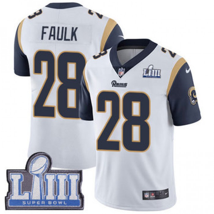 #28 Limited Marshall Faulk White Nike NFL Road Men's Jersey Los Angeles Rams Vapor Untouchable Super Bowl LIII Bound