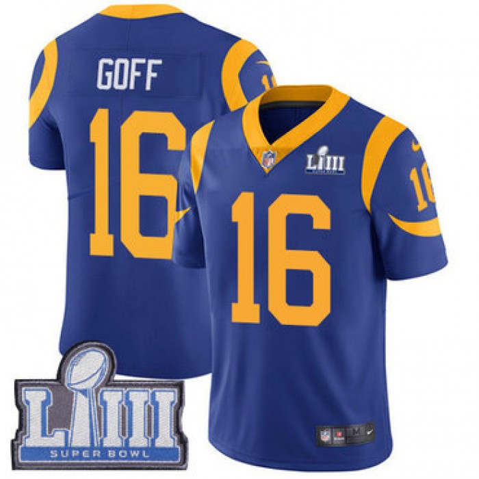 Men's Los Angeles Rams #16 Jared Goff Royal Blue Nike NFL Alternate Vapor Untouchable Super Bowl LIII Bound Limited Jersey