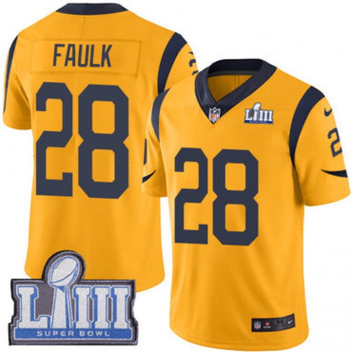 #28 Limited Marshall Faulk Gold Nike NFL Men's Jersey Los Angeles Rams Rush Vapor Untouchable Super Bowl LIII Bound