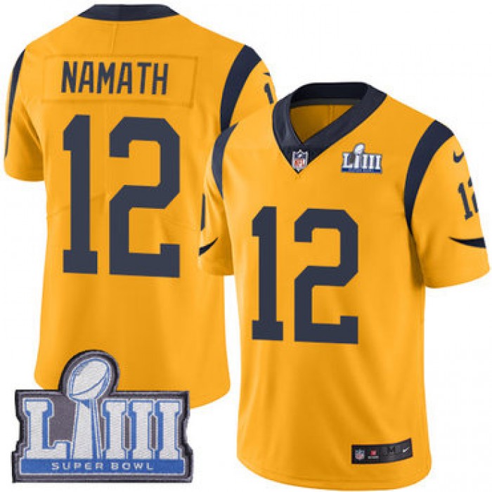 #12 Limited Joe Namath Gold Nike NFL Men's Jersey Los Angeles Rams Rush Vapor Untouchable Super Bowl LIII Bound