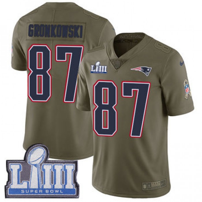 Youth New England Patriots#87 Rob Gronkowski Olive Nike NFL 2017 Salute to Service Super Bowl LIII Bound Limited Jersey