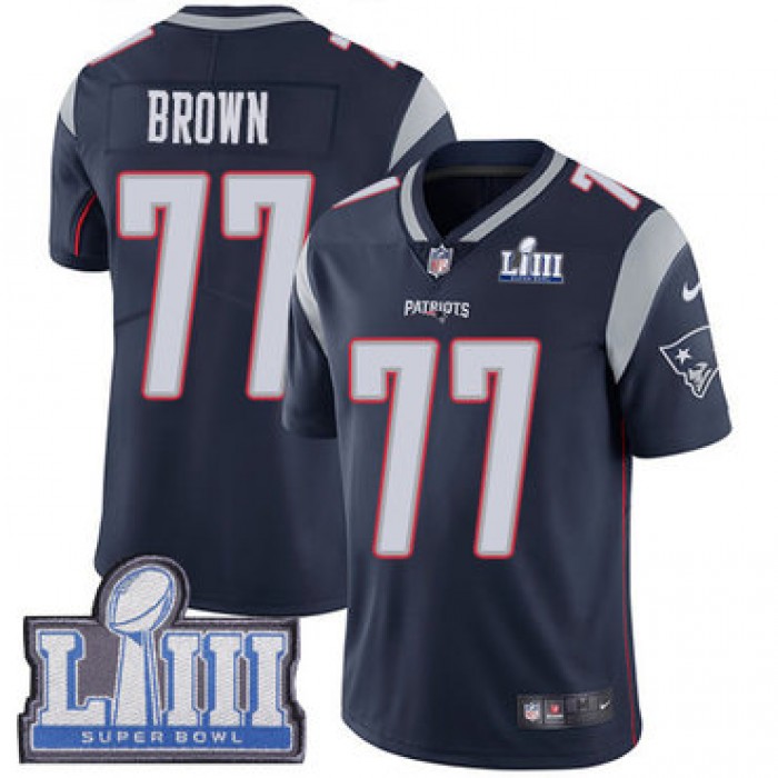 #77 Limited Trent Brown Navy Blue Nike NFL Home Youth Jersey New England Patriots Vapor Untouchable Super Bowl LIII Bound