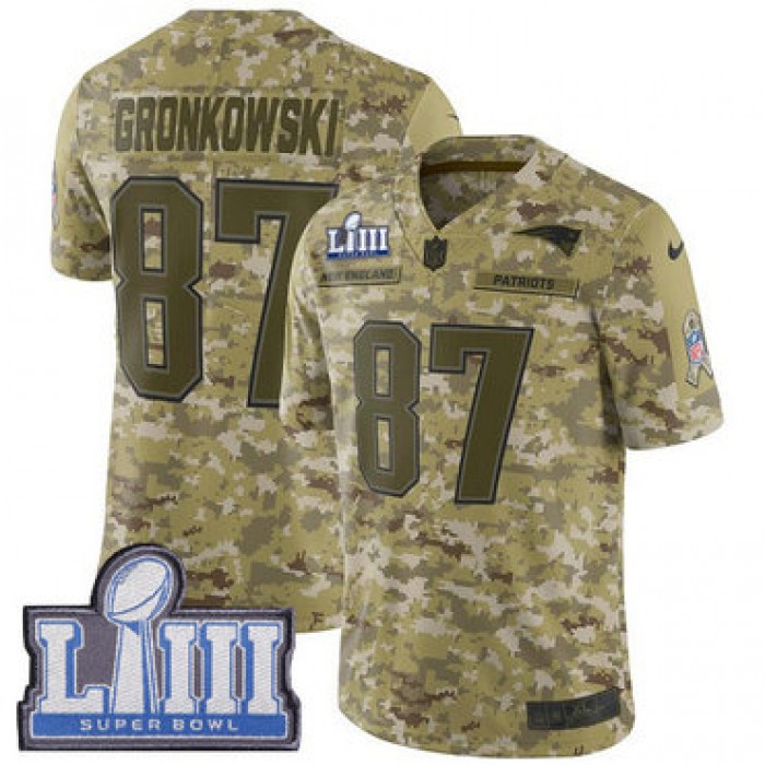 Youth New England Patriots #87 Rob Gronkowski Camo Nike NFL 2018 Salute to Service Super Bowl LIII Bound Limited Jersey