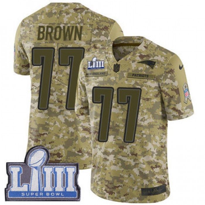 #77 Limited Trent Brown Camo Nike NFL Youth Jersey New England Patriots 2018 Salute to Service Super Bowl LIII Bound