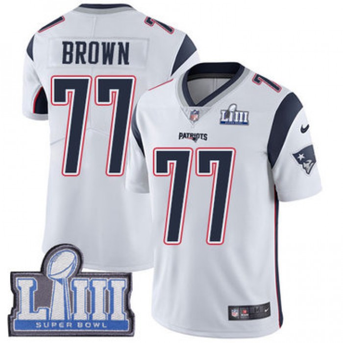 #77 Limited Trent Brown White Nike NFL Road Youth Jersey New England Patriots Vapor Untouchable Super Bowl LIII Bound