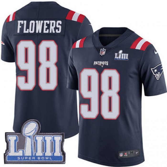 #98 Limited Trey Flowers Navy Blue Nike NFL Youth Jersey New England Patriots Rush Vapor Untouchable Super Bowl LIII Bound