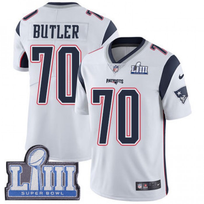 #70 Limited Adam Butler White Nike NFL Road Youth Jersey New England Patriots Vapor Untouchable Super Bowl LIII Bound