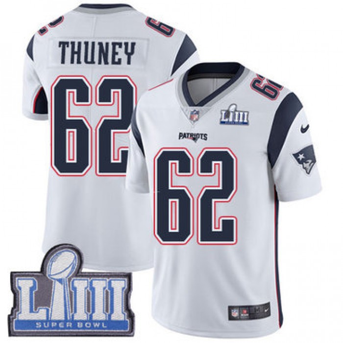 #62 Limited Joe Thuney White Nike NFL Road Youth Jersey New England Patriots Vapor Untouchable Super Bowl LIII Bound