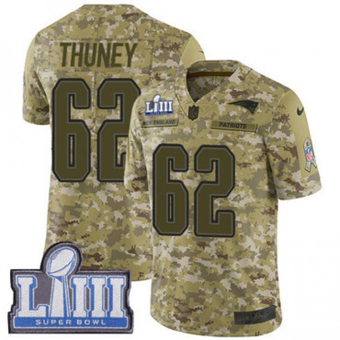 #62 Limited Joe Thuney Camo Nike NFL Youth Jersey New England Patriots 2018 Salute to Service Super Bowl LIII Bound