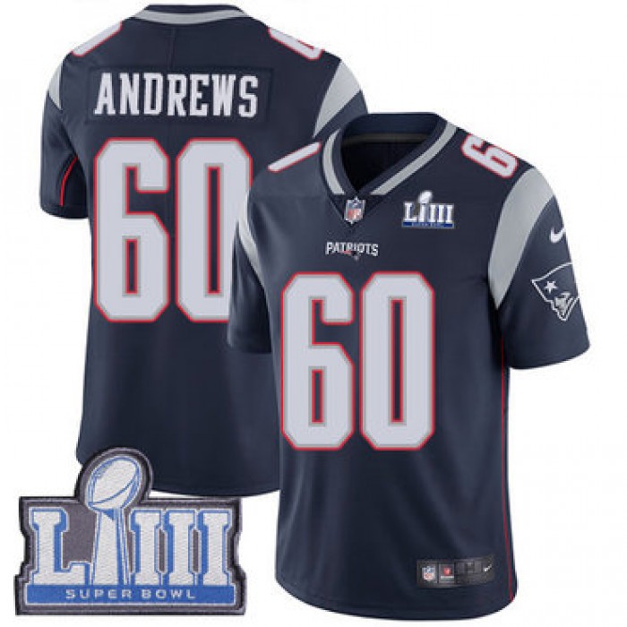 #60 Limited David Andrews Navy Blue Nike NFL Home Youth Jersey New England Patriots Vapor Untouchable Super Bowl LIII Bound