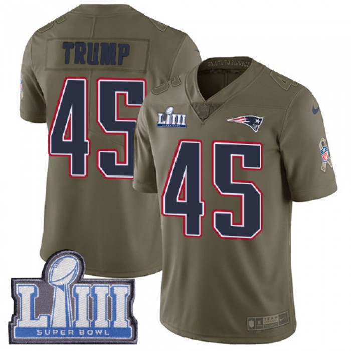 #45 Limited Donald Trump Olive Nike NFL Youth Jersey New England Patriots 2017 Salute to Service Super Bowl LIII Bound