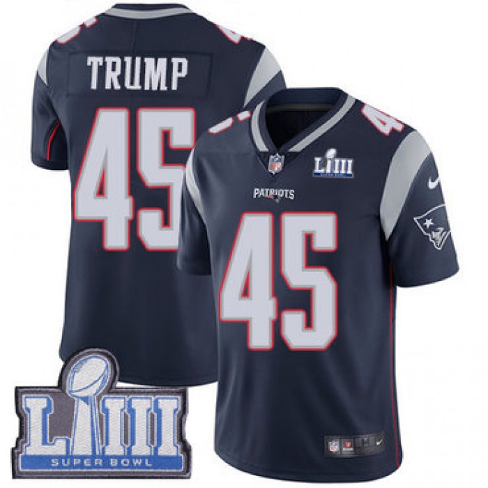 #45 Limited Donald Trump Navy Blue Nike NFL Home Youth Jersey New England Patriots Vapor Untouchable Super Bowl LIII Bound