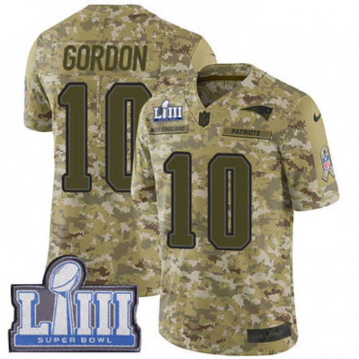#10 Limited Josh Gordon Camo Nike NFL Youth Jersey New England Patriots 2018 Salute to Service Super Bowl LIII Bound