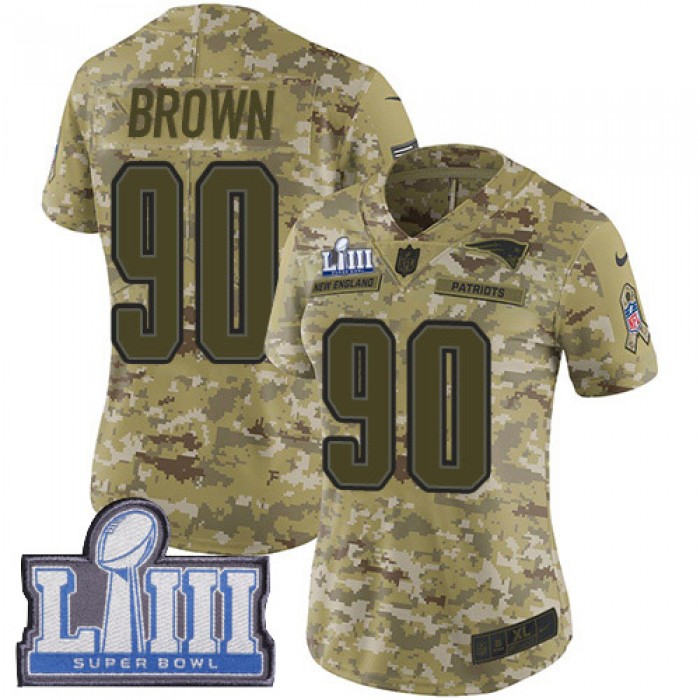 #90 Limited Malcom Brown Camo Nike NFL Women's Jersey New England Patriots 2018 Salute to Service Super Bowl LIII Bound