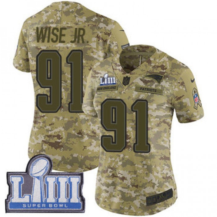 #91 Limited Deatrich Wise Jr Camo Nike NFL Women's Jersey New England Patriots 2018 Salute to Service Super Bowl LIII Bound