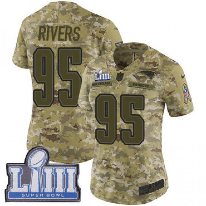 #95 Limited Derek Rivers Camo Nike NFL Women's Jersey New England Patriots 2018 Salute to Service Super Bowl LIII Bound