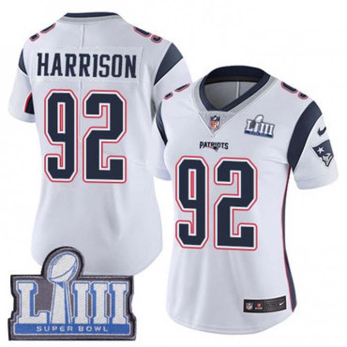 #92 Limited James Harrison White Nike NFL Road Women's Jersey New England Patriots Vapor Untouchable Super Bowl LIII Bound
