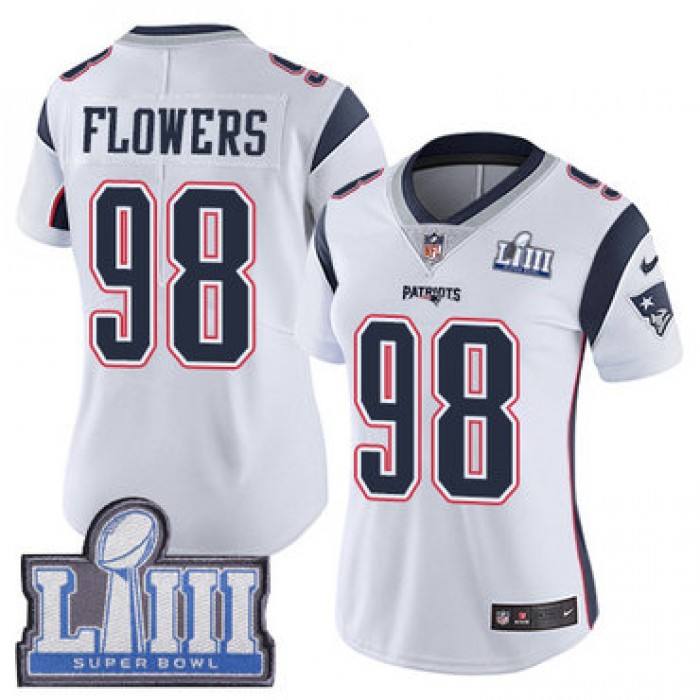 #98 Limited Trey Flowers White Nike NFL Road Women's Jersey New England Patriots Vapor Untouchable Super Bowl LIII Bound