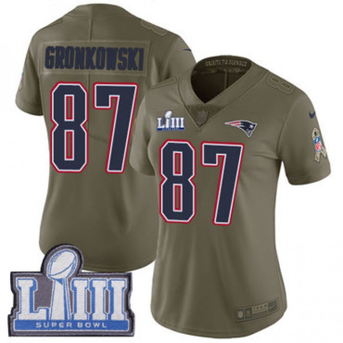#87 Limited Rob Gronkowski Olive Nike NFL Women's Jersey New England Patriots 2017 Salute to Service Super Bowl LIII Bound