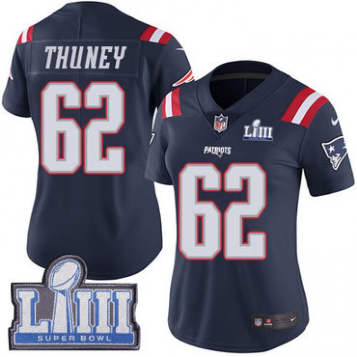 #62 Limited Joe Thuney Navy Blue Nike NFL Women's Jersey New England Patriots Rush Vapor Untouchable Super Bowl LIII Bound