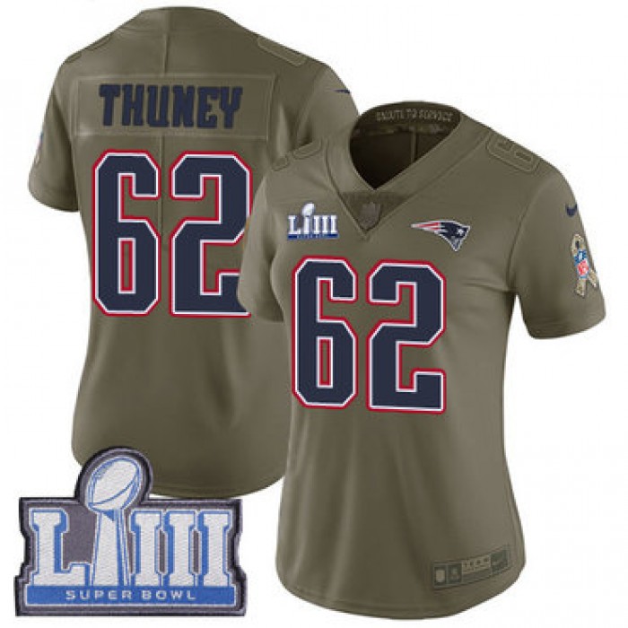 #62 Limited Joe Thuney Olive Nike NFL Women's Jersey New England Patriots 2017 Salute to Service Super Bowl LIII Bound