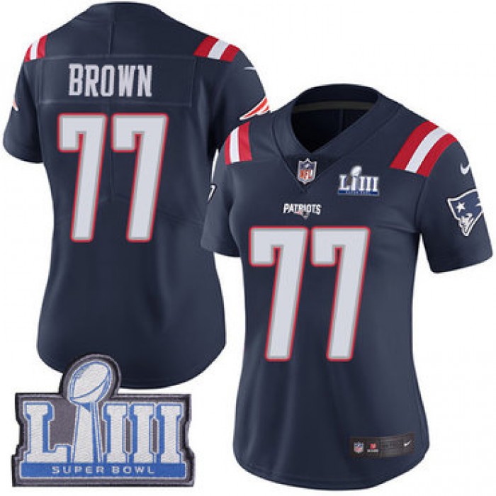 #77 Limited Trent Brown Navy Blue Nike NFL Women's Jersey New England Patriots Rush Vapor Untouchable Super Bowl LIII Bound