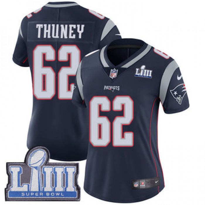 #62 Limited Joe Thuney Navy Blue Nike NFL Home Women's Jersey New England Patriots Vapor Untouchable Super Bowl LIII Bound