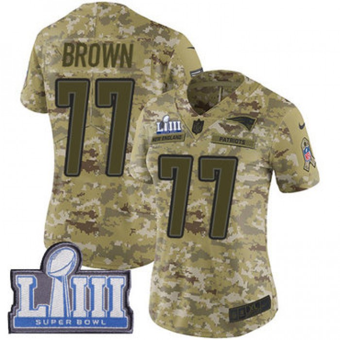 #77 Limited Trent Brown Camo Nike NFL Women's Jersey New England Patriots 2018 Salute to Service Super Bowl LIII Bound