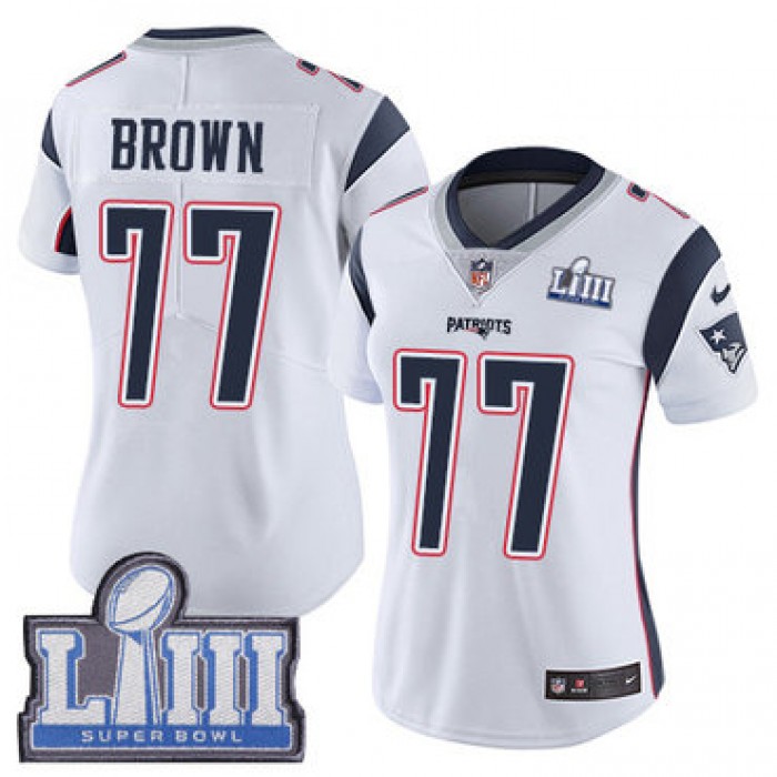 #77 Limited Trent Brown White Nike NFL Road Women's Jersey New England Patriots Vapor Untouchable Super Bowl LIII Bound