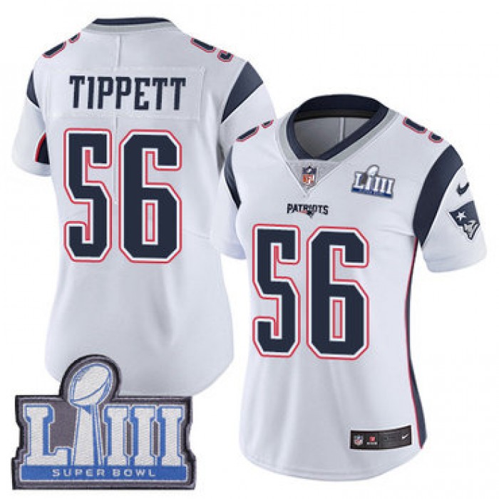#56 Limited Andre Tippett White Nike NFL Road Women's Jersey New England Patriots Vapor Untouchable Super Bowl LIII Bound