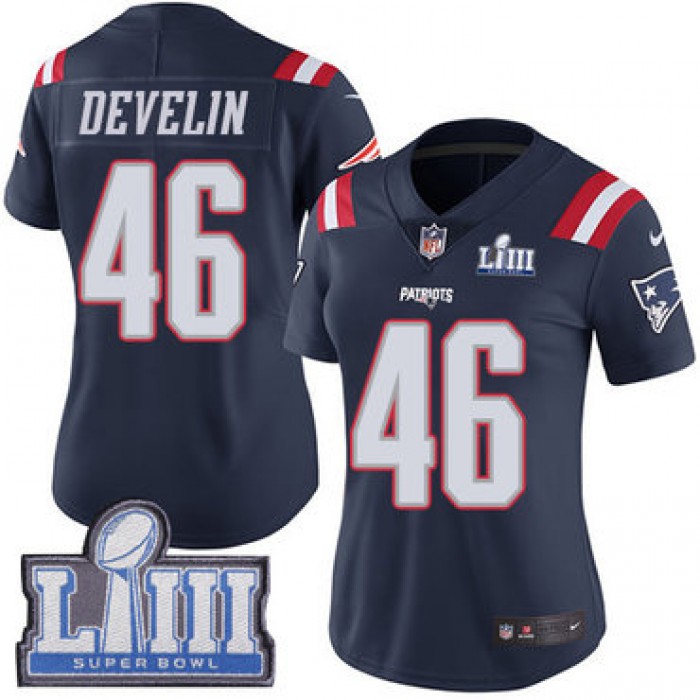 #46 Limited James Develin Navy Blue Nike NFL Women's Jersey New England Patriots Rush Vapor Untouchable Super Bowl LIII Bound