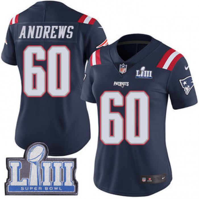 #60 Limited David Andrews Navy Blue Nike NFL Women's Jersey New England Patriots Rush Vapor Untouchable Super Bowl LIII Bound