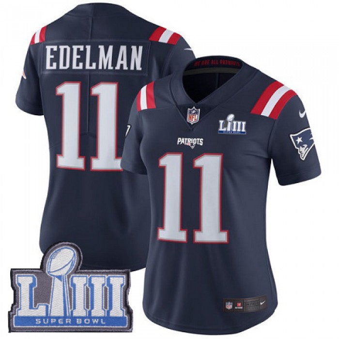 Women's New England Patriots #11 Julian Edelman Navy Blue Nike NFL Rush Vapor Untouchable Super Bowl LIII Bound Limited Jersey