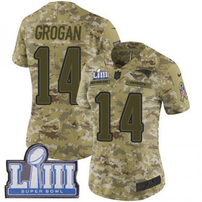 #14 Limited Steve Grogan Camo Nike NFL Women's Jersey New England Patriots 2018 Salute to Service Super Bowl LIII Bound