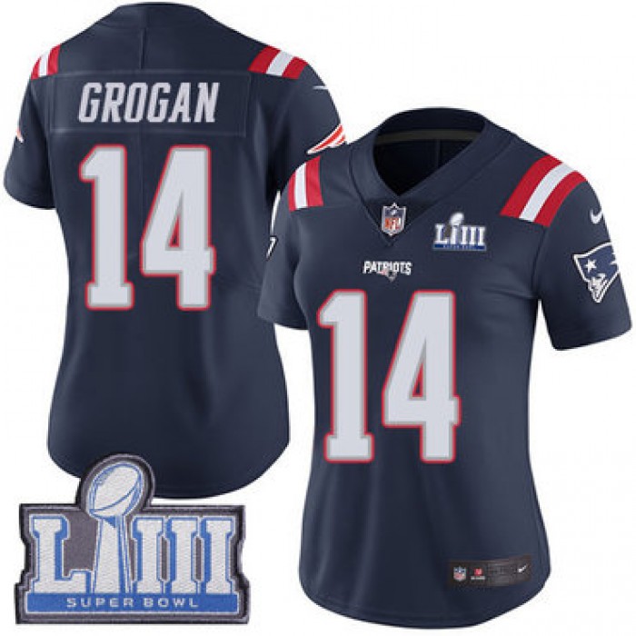 Women's New England Patriots #14 Steve Grogan Navy Blue Nike NFL Rush Vapor Untouchable Super Bowl LIII Bound Limited Jersey