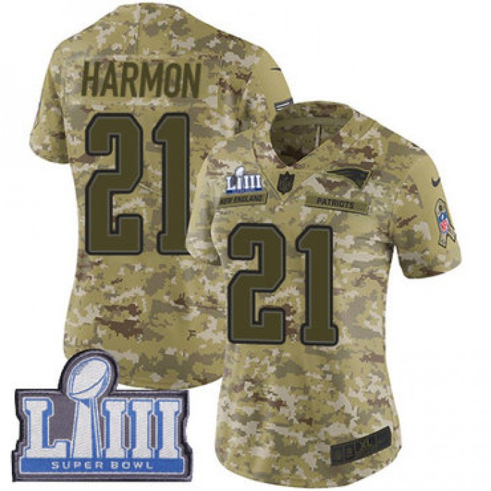 #21 Limited Duron Harmon Camo Nike NFL Women's Jersey New England Patriots 2018 Salute to Service Super Bowl LIII Bound