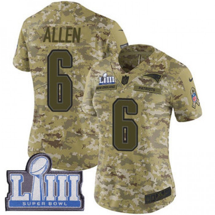 #6 Limited Ryan Allen Camo Nike NFL Women's Jersey New England Patriots 2018 Salute to Service Super Bowl LIII Bound