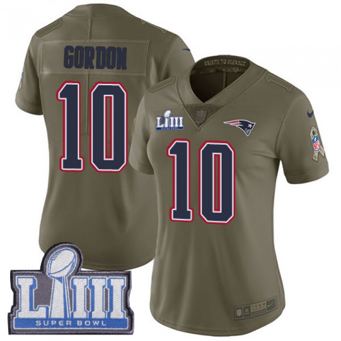 #10 Limited Josh Gordon Olive Nike NFL Women's Jersey New England Patriots 2017 Salute to Service Super Bowl LIII Bound