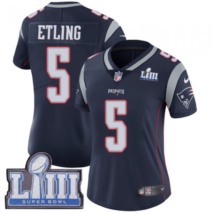 Women's New England Patriots #5 Danny Etling Navy Blue Nike NFL Home Vapor Untouchable Super Bowl LIII Bound Limited Jersey