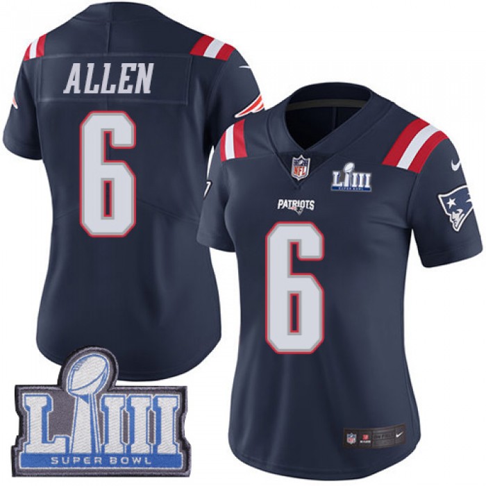 Women's New England Patriots #6 Ryan Allen Navy Blue Nike NFL Rush Vapor Untouchable Super Bowl LIII Bound Limited Jersey