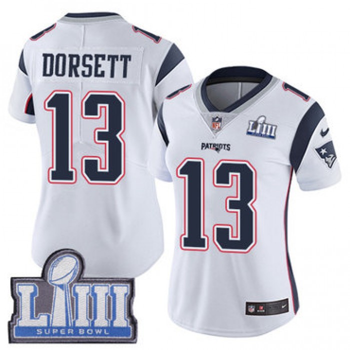 Women's New England Patriots #13 Phillip Dorsett White Nike NFL Road Vapor Untouchable Super Bowl LIII Bound Limited Jersey